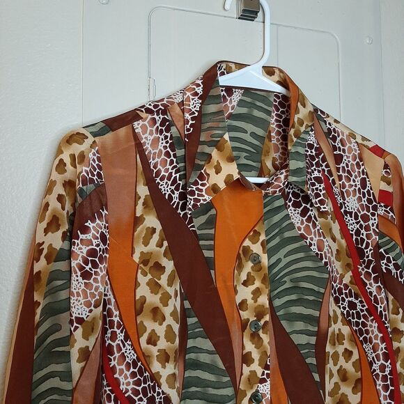Vintage NEW Silk King Shirt Multicolor Women L Button Up 100% Silk Animal Print - Picture 5 of 11